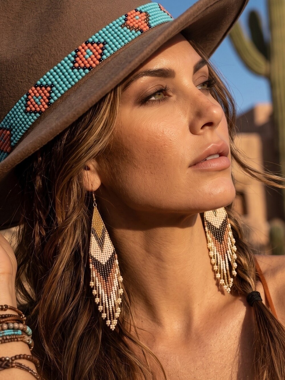 Seed Bead Long Fringe Dangle Earrings Geometric Orange Gold Purple Southwestern